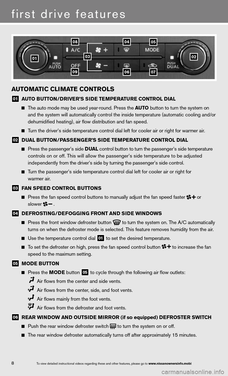 NISSAN ARMADA 2013 1.G Quick Reference Guide 8
first drive features
To view detailed in\fstructional videos\f regarding these a\fnd other features\f \fplease go to www.nissanownersin\Sfo.mobi
01
0408
09
05
0607
0203
automatiC ClimatE Controls
01 NISSAN ARMADA 2013 1.G Quick Reference Guide 8
first drive features
To view detailed in\fstructional videos\f regarding these a\fnd other features\f \fplease go to www.nissanownersin\Sfo.mobi
01
0408
09
05
0607
0203
automatiC ClimatE Controls
01