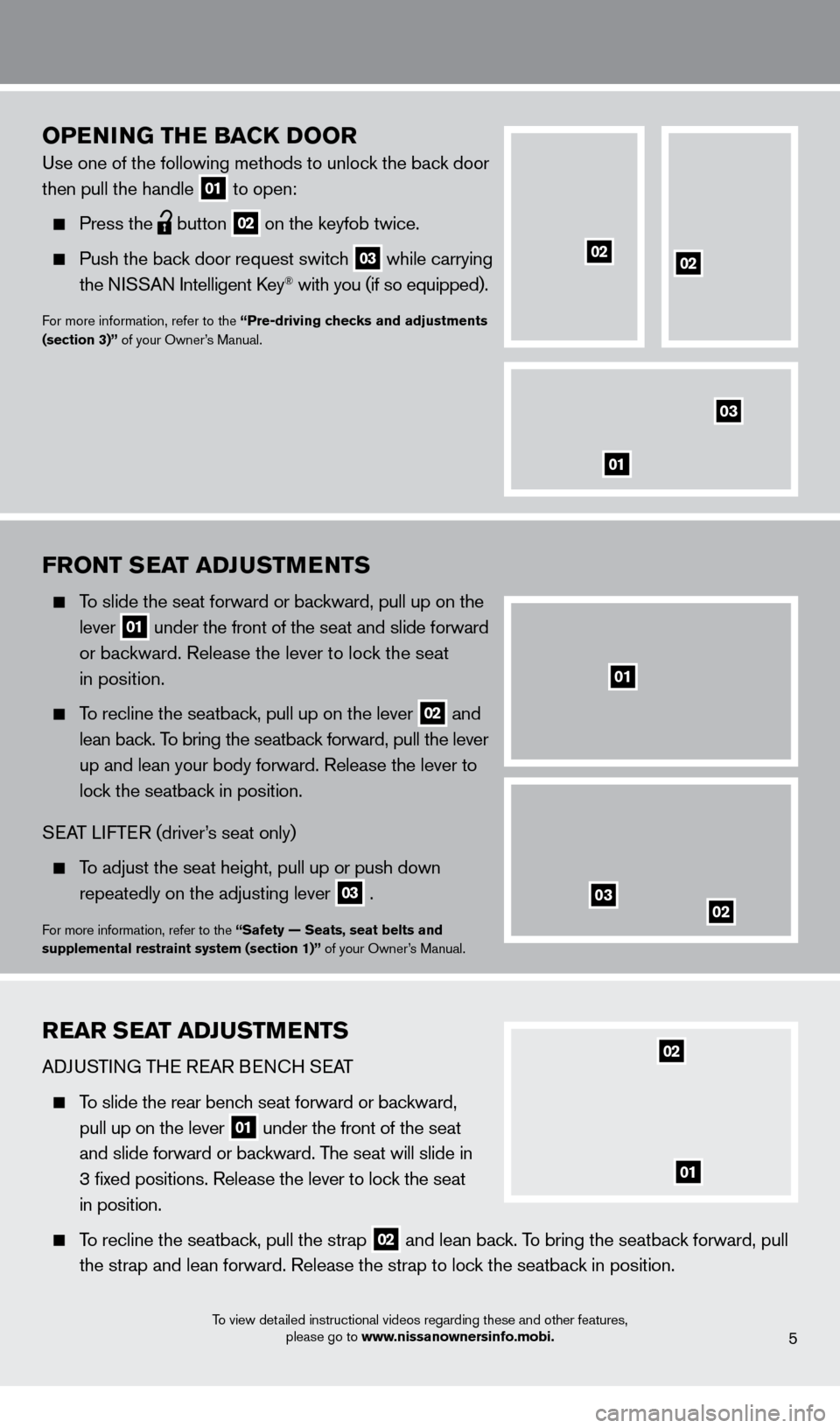NISSAN CUBE 2013 3.G Quick Reference Guide FrONT SeaT aDJuSTMeNTS
To slide the seat forward or backward, pull up on the
lever 01 under the front of the seat and slide forward or backward. Release the lever to loc
k the seat
in posi NISSAN CUBE 2013 3.G Quick Reference Guide FrONT SeaT aDJuSTMeNTS
To slide the seat forward or backward, pull up on the
lever 01 under the front of the seat and slide forward or backward. Release the lever to loc
k the seat
in posi