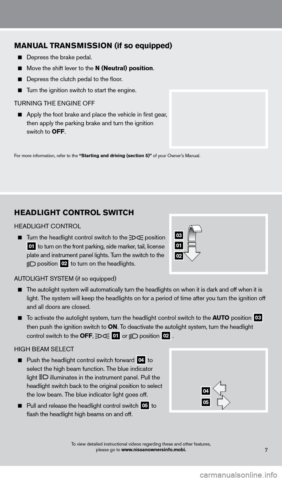 NISSAN CUBE 2013 3.G Quick Reference Guide HeaDLIGHT CONTrOL SwITCH 
HEADLIGHT 
cONTR

OL  
  Turn the headlight control switch to the
  position
 
  01 to turn on the front parking, side marker, tail, license    plate and instrument panel lig