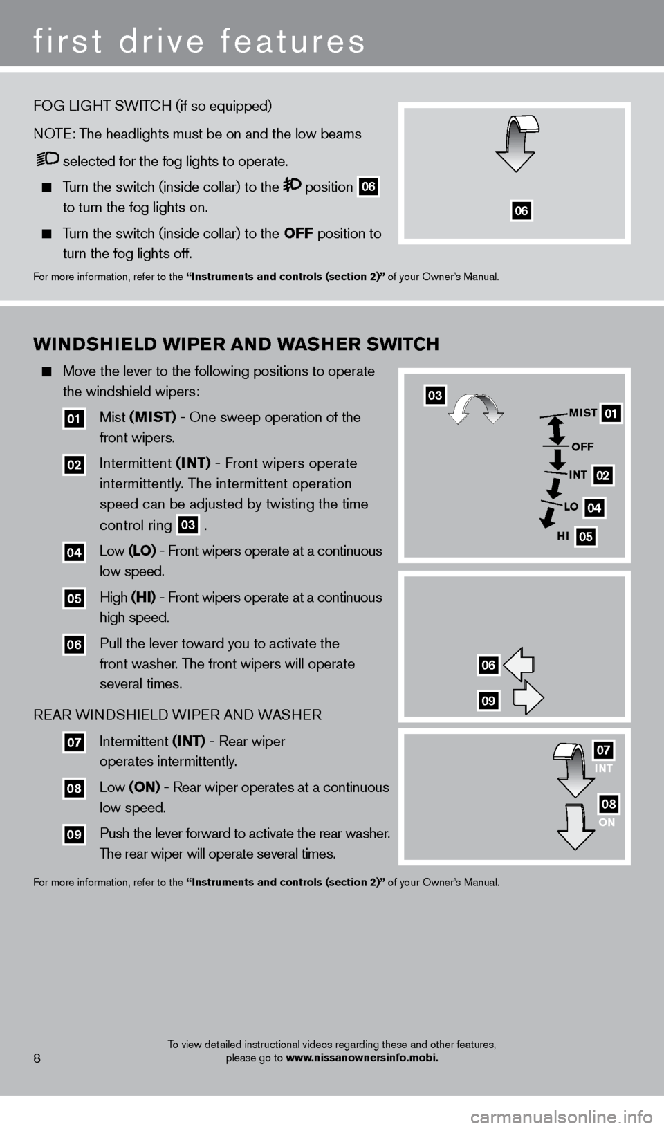 NISSAN CUBE 2013 3.G Quick Reference Guide first drive features
8
wINDSHIeLD wIPe r aN D w aS Her SwIT CH
  Move the lever to the following positions to operate 
   the windshield wipers:  
  01 Mist (MIST) - One sweep operation of the   
  

