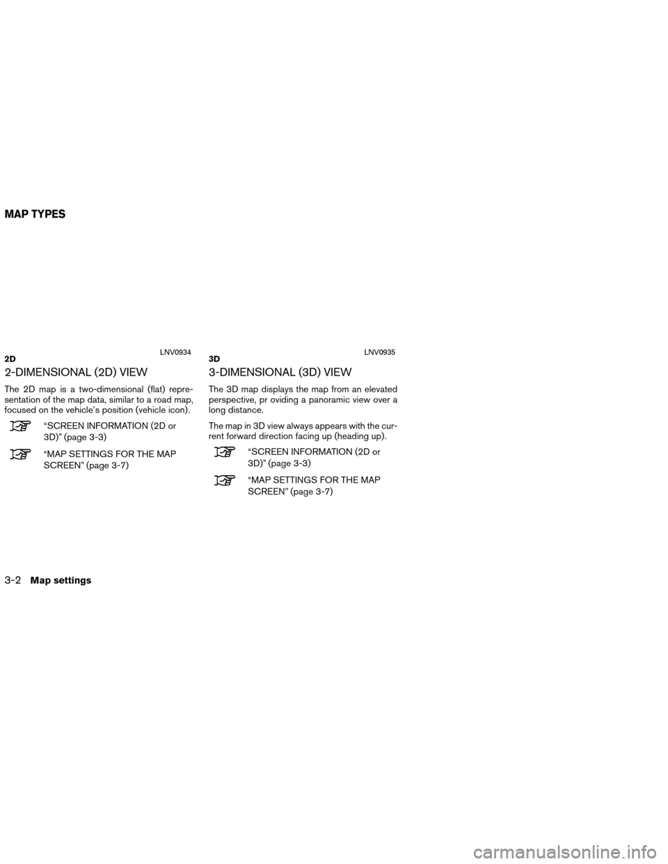 NISSAN VERSA 2016 2.G LC1 Navigation Manual 2-DIMENSIONAL (2D) VIEW
The 2D map is a two-dimensional (flat) repre-
sentation of the map data, similar to a road map,
focused on the vehicle’s position (vehicle icon) .
“SCREEN INFORMATION (2D o