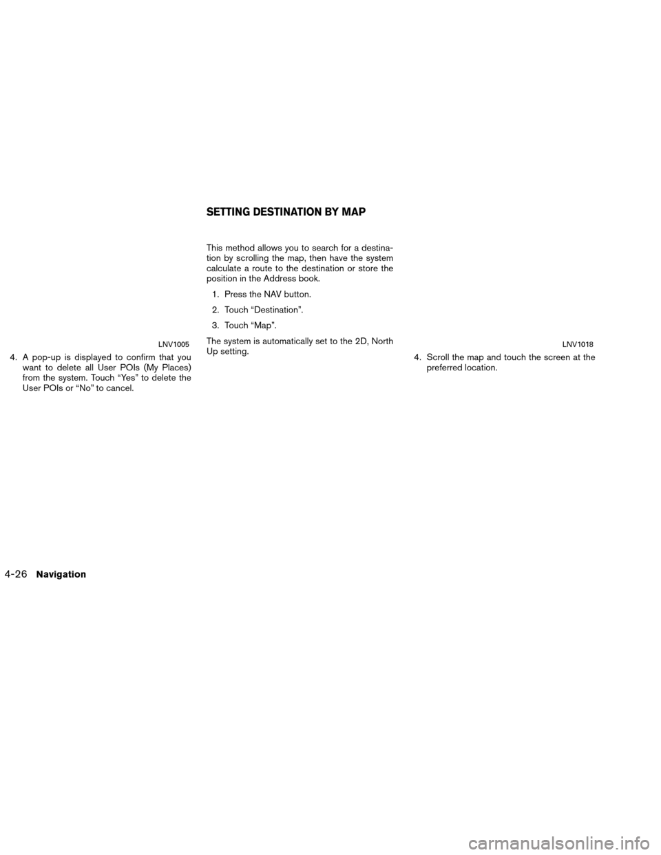 NISSAN VERSA 2016 2.G LC1 Navigation Manual 4. A pop-up is displayed to confirm that youwant to delete all User POIs (My Places)
from the system. Touch “Yes” to delete the
User POIs or “No” to cancel. This method allows you to search fo