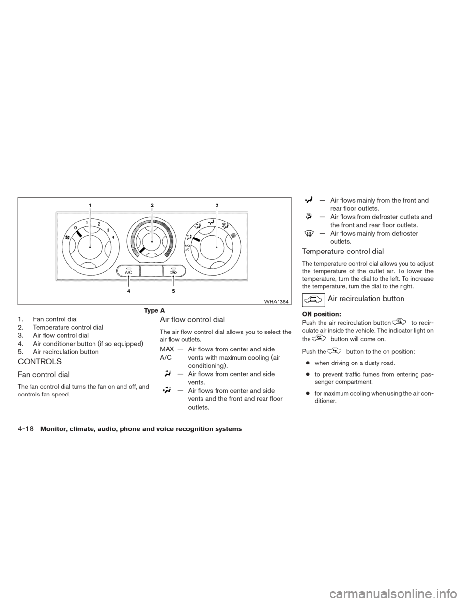 NISSAN FRONTIER 2013 D40 / 2.G Owners Manual 1. Fan control dial
2. Temperature control dial
3. Air flow control dial
4. Air conditioner button (if so equipped)
5. Air recirculation button
CONTROLS
Fan control dial
The fan control dial turns the