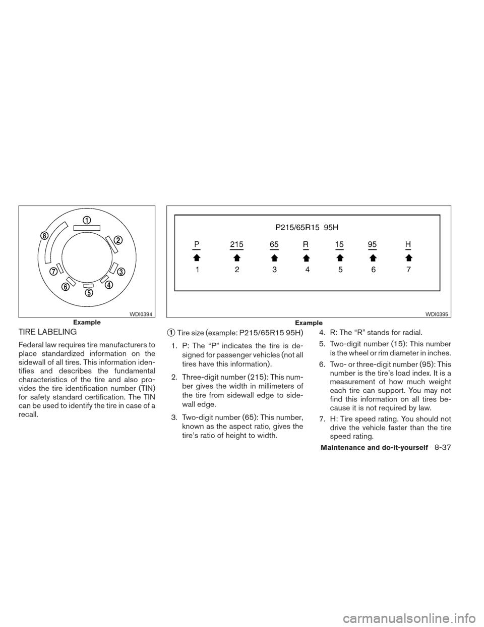 NISSAN FRONTIER 2013 D40 / 2.G Owners Manual TIRE LABELING
Federal law requires tire manufacturers to
place standardized information on the
sidewall of all tires. This information iden-
tifies and describes the fundamental
characteristics of the NISSAN FRONTIER 2013 D40 / 2.G Owners Manual TIRE LABELING
Federal law requires tire manufacturers to
place standardized information on the
sidewall of all tires. This information iden-
tifies and describes the fundamental
characteristics of the