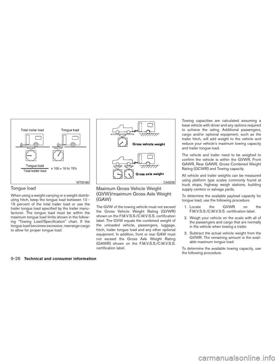 NISSAN FRONTIER 2013 D40 / 2.G Owners Manual Tongue load
When using a weight carrying or a weight distrib-
uting hitch, keep the tongue load between 10 -
15 percent of the total trailer load or use the
trailer tongue load specified by the traile NISSAN FRONTIER 2013 D40 / 2.G Owners Manual Tongue load
When using a weight carrying or a weight distrib-
uting hitch, keep the tongue load between 10 -
15 percent of the total trailer load or use the
trailer tongue load specified by the traile