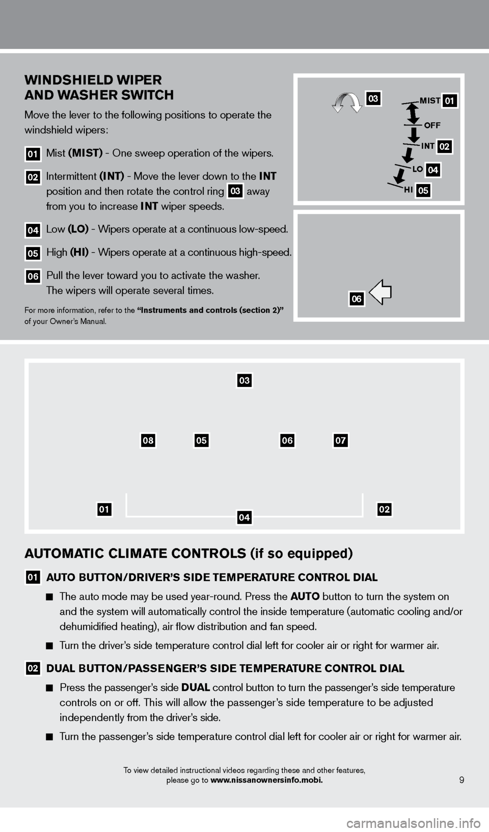 NISSAN FRONTIER 2013 D40 / 2.G Quick Reference Guide To view detailed instructional videos regarding these and other features, please go to www.nissanownersinfo.mobi.
AUToMAT iC C liMA TE C o NTRol S (if so equipped)
01 AUTo  BUTTo N/DRiv ER’S SiD E T