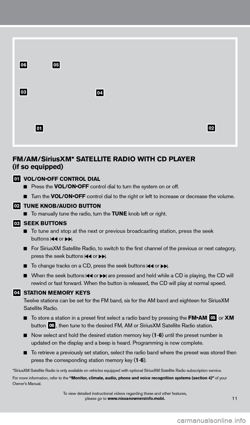 NISSAN FRONTIER 2013 D40 / 2.G Quick Reference Guide To view detailed instructional videos regarding these and other features, please go to www.nissanownersinfo.mobi.11
0506
03
01
04
02
FM/AM/SiriusXM* SATElli TE RADi o  W i TH CD P l AYER  
(if so equi