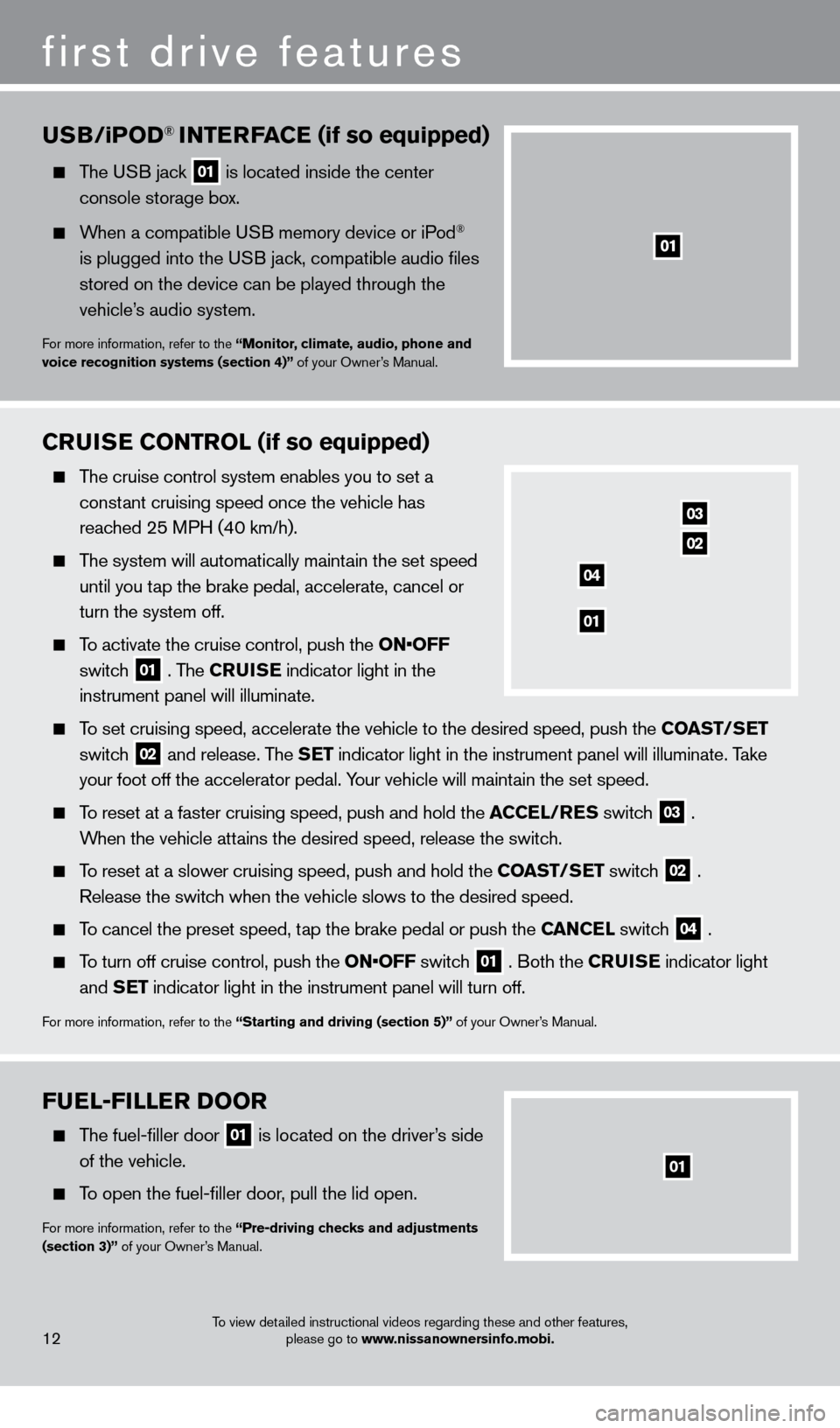NISSAN FRONTIER 2013 D40 / 2.G Quick Reference Guide FUEl-F ill ER Doo R
    The fuel-filler door
 01 is located on the driver’s side 
of the vehicle.
  To open the fuel-filler door, pull the lid open.
For more information, refer to the “Pre-driving