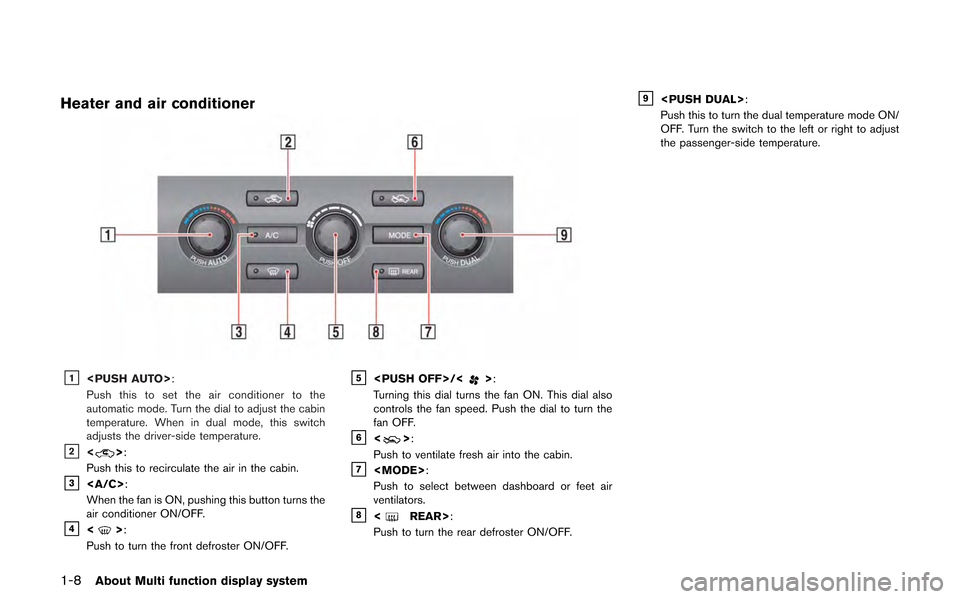 NISSAN GT-R 2013 R35 Multi Function Display Owners Manual 1-8About Multi function display system
Heater and air conditioner
&1<PUSH AUTO>:
Push this to set the air conditioner to the
automatic mode. Turn the dial to adjust the cabin
temperature. When in dual