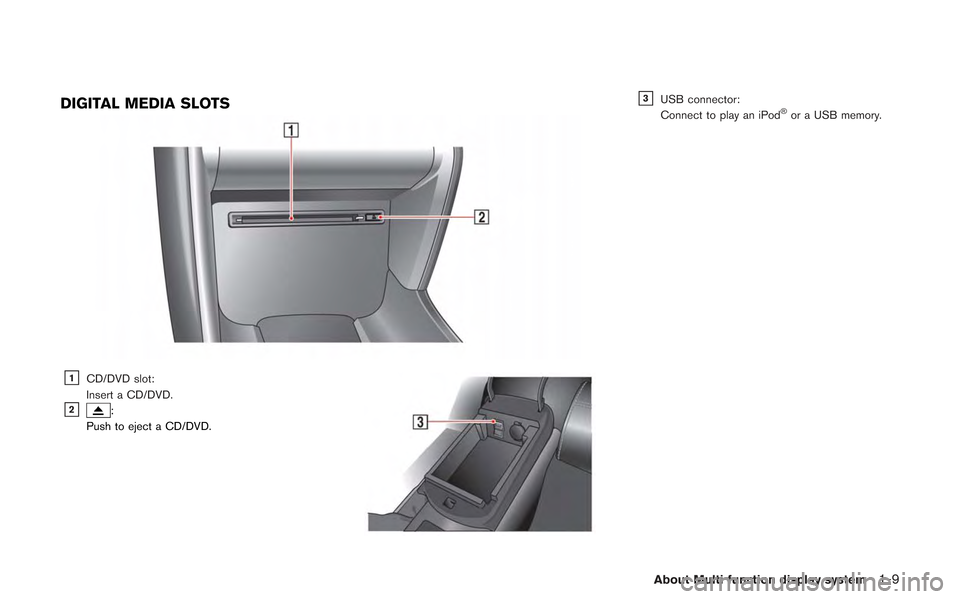 NISSAN GT-R 2013 R35 Multi Function Display Owners Manual DIGITAL MEDIA SLOTS
&1CD/DVD slot:
Insert a CD/DVD.
&2:
Push to eject a CD/DVD.
&3USB connector:
Connect to play an iPod®or a USB memory.
About Multi function display system1-9 