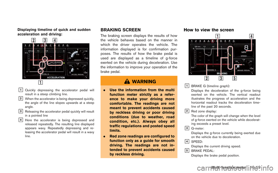NISSAN GT-R 2013 R35 Multi Function Display Owners Manual Displaying timeline of quick and sudden
acceleration and driving:
&1Quickly depressing the accelerator pedal will
result in a steep climbing line.
&2When the accelerator is being depressed quickly,
th NISSAN GT-R 2013 R35 Multi Function Display Owners Manual Displaying timeline of quick and sudden
acceleration and driving:
&1Quickly depressing the accelerator pedal will
result in a steep climbing line.
&2When the accelerator is being depressed quickly,
th