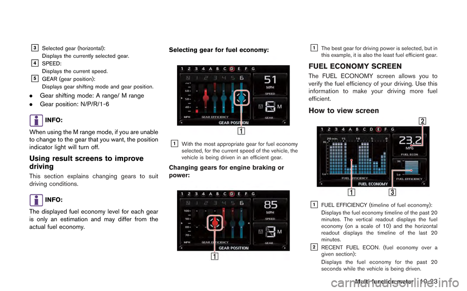 NISSAN GT-R 2013 R35 Multi Function Display Owners Manual &3Selected gear (horizontal):
Displays the currently selected gear.
&4SPEED:
Displays the current speed.
&5GEAR (gear position):
Displays gear shifting mode and gear position.
.Gear shifting mode: A r