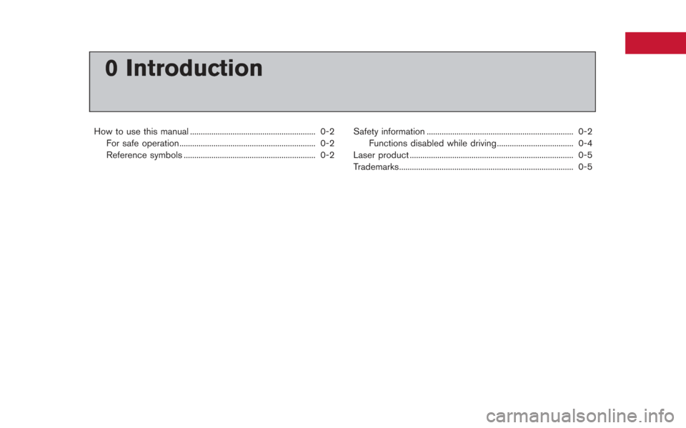 NISSAN GT-R 2013 R35 Multi Function Display Owners Manual 0 Introduction
How to use this manual ........................................................... 0-2For safe operation................................................................ 0-2
Reference sy