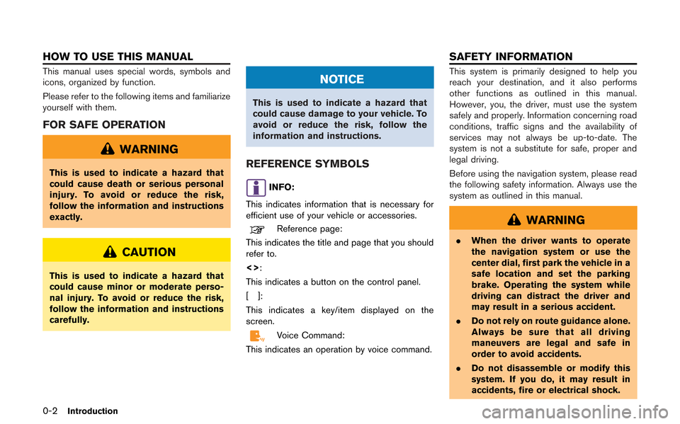 NISSAN GT-R 2013 R35 Multi Function Display Owners Manual 0-2Introduction
This manual uses special words, symbols and
icons, organized by function.
Please refer to the following items and familiarize
yourself with them.
FOR SAFE OPERATION
WARNING
This is use