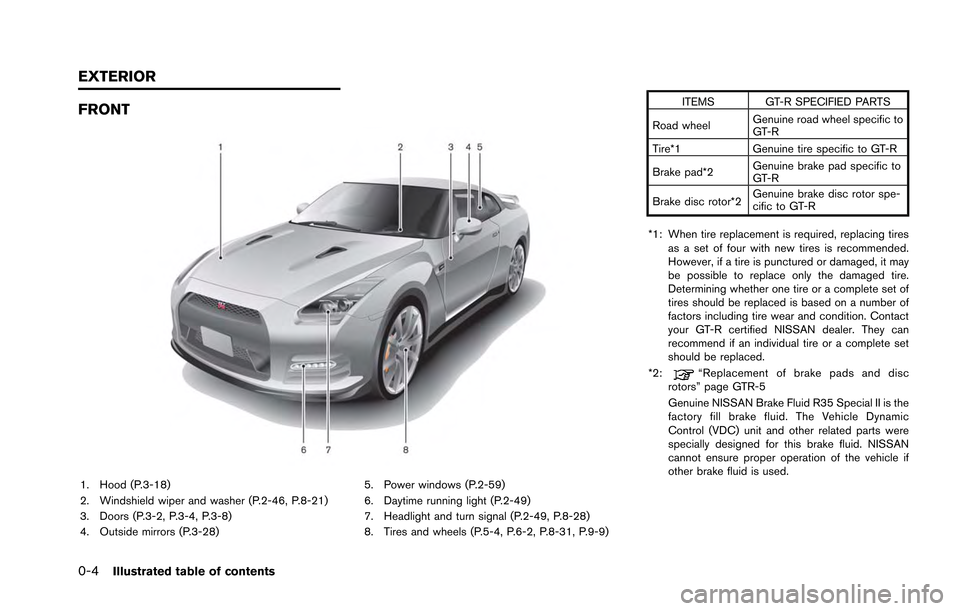 NISSAN GT-R 2013 R35 Owners Manual 0-4Illustrated table of contents
FRONT
1. Hood (P.3-18)
2. Windshield wiper and washer (P.2-46, P.8-21)
3. Doors (P.3-2, P.3-4, P.3-8)
4. Outside mirrors (P.3-28)5. Power windows (P.2-59)
6. Daytime r NISSAN GT-R 2013 R35 Owners Manual 0-4Illustrated table of contents
FRONT
1. Hood (P.3-18)
2. Windshield wiper and washer (P.2-46, P.8-21)
3. Doors (P.3-2, P.3-4, P.3-8)
4. Outside mirrors (P.3-28)5. Power windows (P.2-59)
6. Daytime r