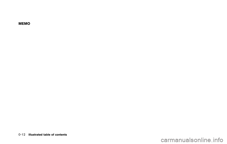 NISSAN GT-R 2013 R35 Owners Manual 0-12Illustrated table of contents
MEMO 