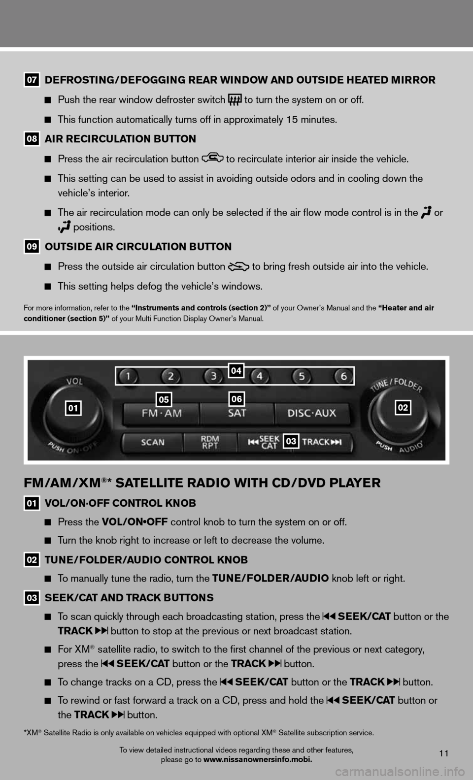 NISSAN GT-R 2013 R35 Quick Reference Guide To view detailed instructional videos regarding these and other features, please go to www.nissanownersinfo.mobi.11
07 D
eFroSTi NG/DeFoGG iNG rear wi NDow aND ouTS iD e hea TeD M irror
Push th NISSAN GT-R 2013 R35 Quick Reference Guide To view detailed instructional videos regarding these and other features, please go to www.nissanownersinfo.mobi.11
07 D
eFroSTi NG/DeFoGG iNG rear wi NDow aND ouTS iD e hea TeD M irror
Push th