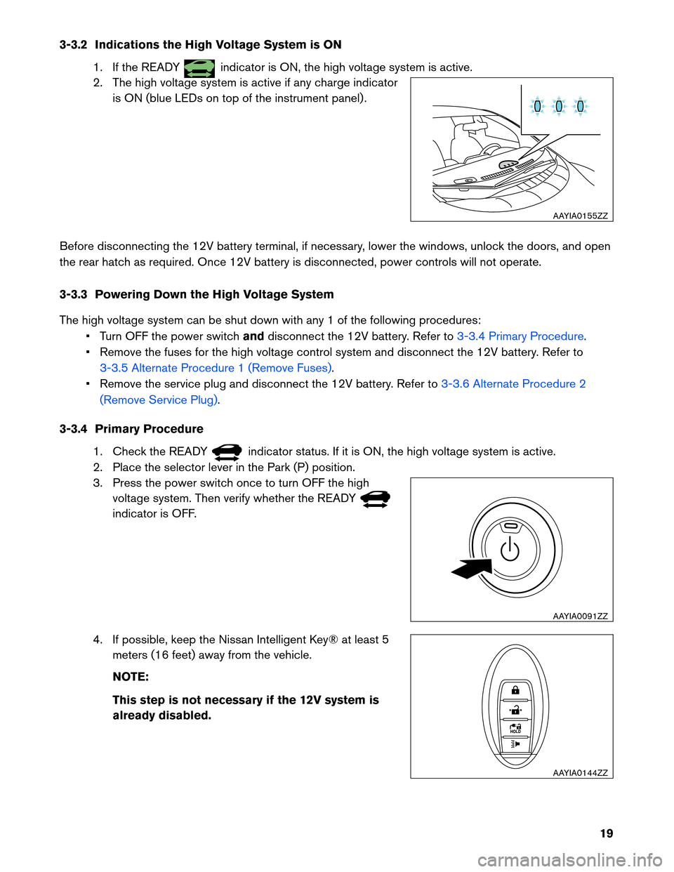 NISSAN LEAF 2013 1.G Dismantling Guide 3-3.2 Indications the High Voltage System is ON
1. If the READY indicator is ON, the high voltage system is active.
2.

The high voltage system is active if any charge indicator
is ON (blue LEDs on to