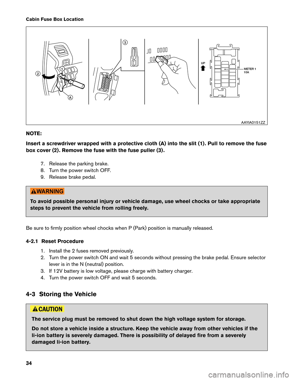 NISSAN LEAF 2013 1.G Dismantling Guide Cabin Fuse Box Location
NO
TE:
Insert a screwdriver wrapped with a protective cloth (A) into the slit (1) . Pull to remove the fuse
box cover (2) . Remove the fuse with the fuse puller (3) .
7. Releas