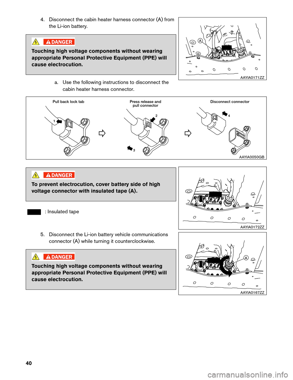 NISSAN LEAF 2013 1.G Dismantling Guide 4. Disconnect the cabin heater harness connector (A) from
the Li-ion battery. Touching high voltage components without wearing
appropriate

Personal Protective Equipment (PPE) will
cause electrocution