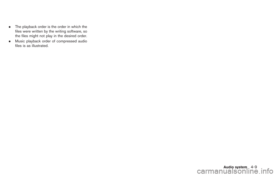 NISSAN LEAF 2013 1.G Navigation Manual .The playback order is the order in which the
files were written by the writing software, so
the files might not play in the desired order.
. Music playback order of compressed audio
files is as illus