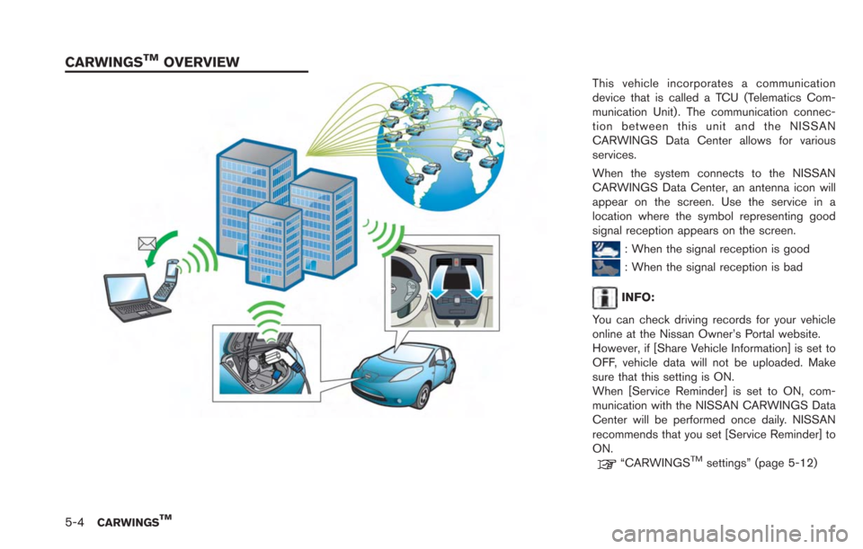 NISSAN LEAF 2013 1.G Navigation Manual 5-4CARWINGSTM
This vehicle incorporates a communication
device that is called a TCU (Telematics Com-
munication Unit). The communication connec-
tion between this unit and the NISSAN
CARWINGS Data Cen