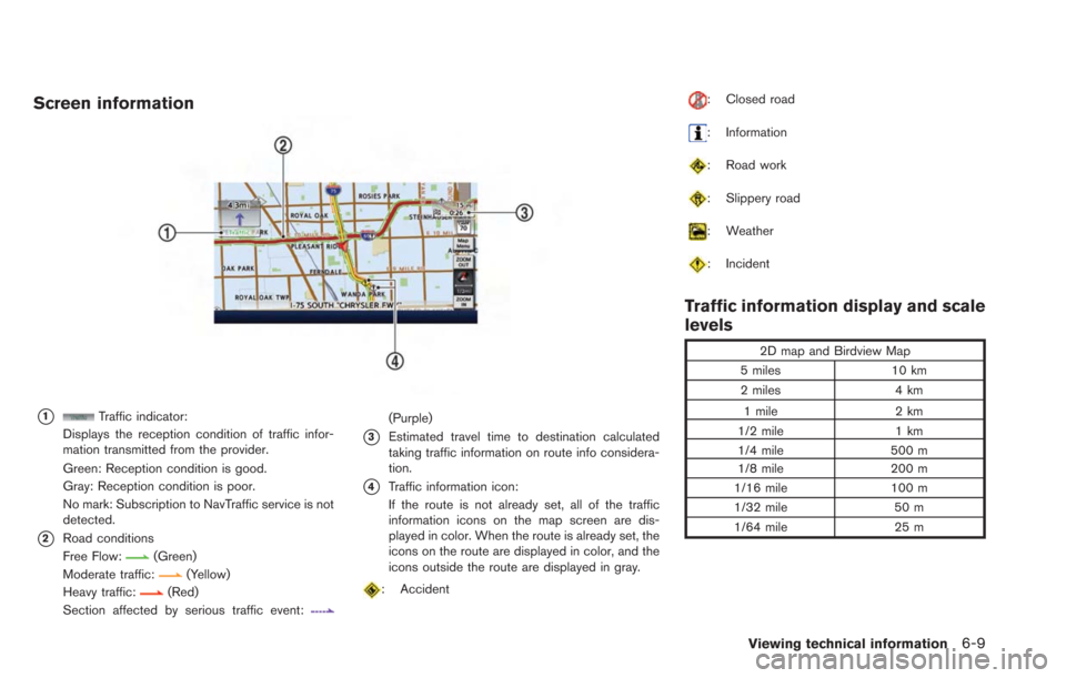 NISSAN LEAF 2013 1.G Navigation Manual Screen information
*1Traffic indicator:
Displays the reception condition of traffic infor-
mation transmitted from the provider.
Green: Reception condition is good.
Gray: Reception condition is poor.
