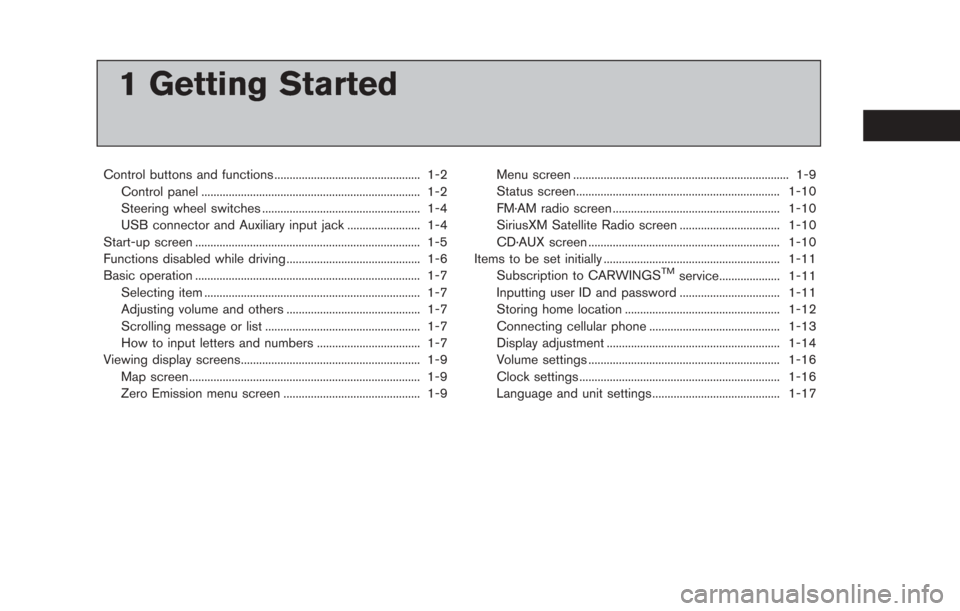 NISSAN LEAF 2013 1.G Navigation Manual 1 Getting Started
Control buttons and functions ................................................ 1-2Control panel ........................................................................\
 1-2
Steerin