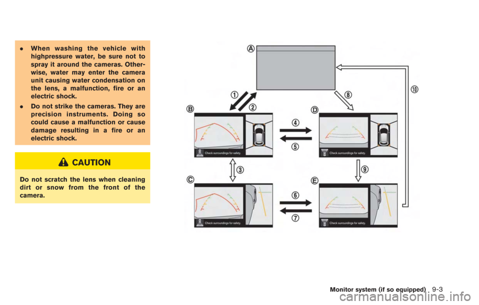 NISSAN LEAF 2013 1.G Navigation Manual .When washing the vehicle with
highpressure water, be sure not to
spray it around the cameras. Other-
wise, water may enter the camera
unit causing water condensation on
the lens, a malfunction, fire 