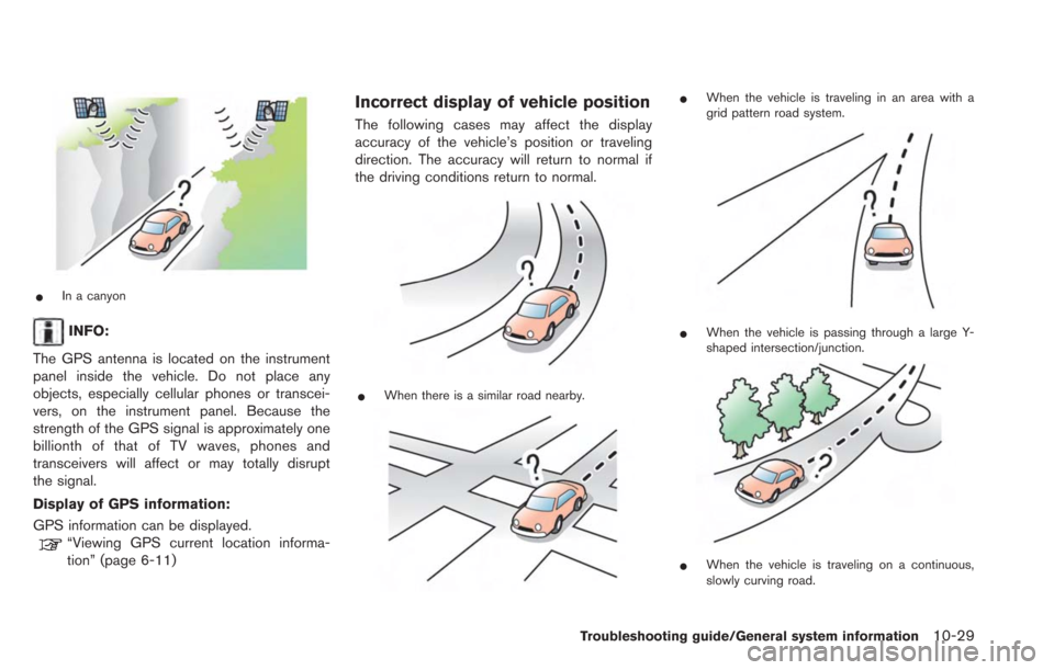 NISSAN LEAF 2013 1.G Navigation Manual *In a canyon
INFO:
The GPS antenna is located on the instrument
panel inside the vehicle. Do not place any
objects, especially cellular phones or transcei-
vers, on the instrument panel. Because the
s