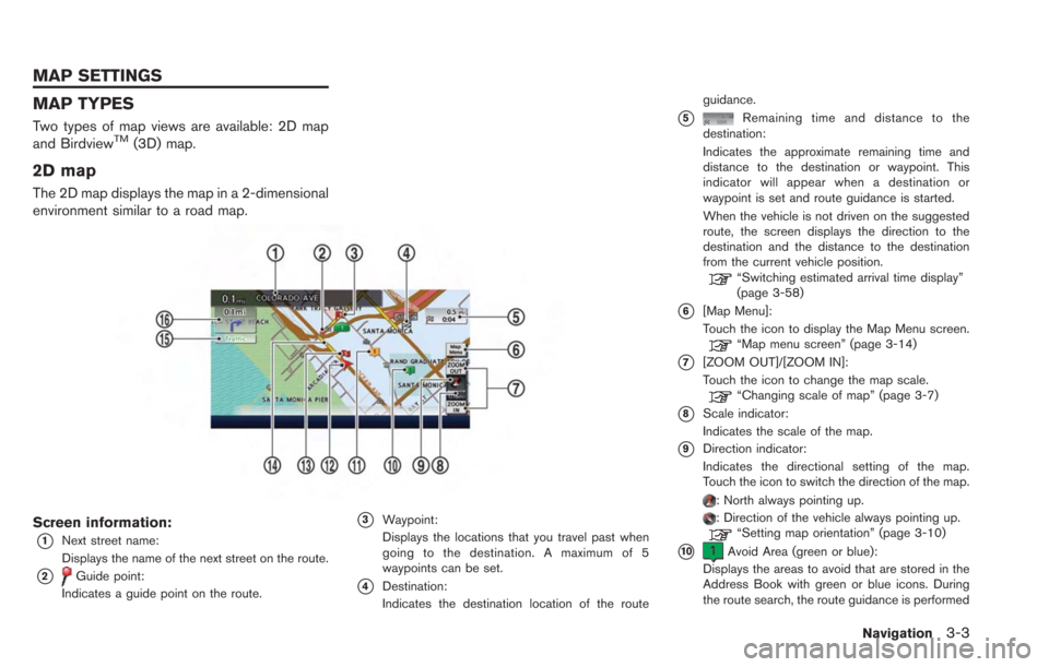 NISSAN LEAF 2013 1.G Navigation Manual MAP TYPES
Two types of map views are available: 2D map
and BirdviewTM(3D) map.
2D map
The 2D map displays the map in a 2-dimensional
environment similar to a road map.
Screen information:
*1Next stree