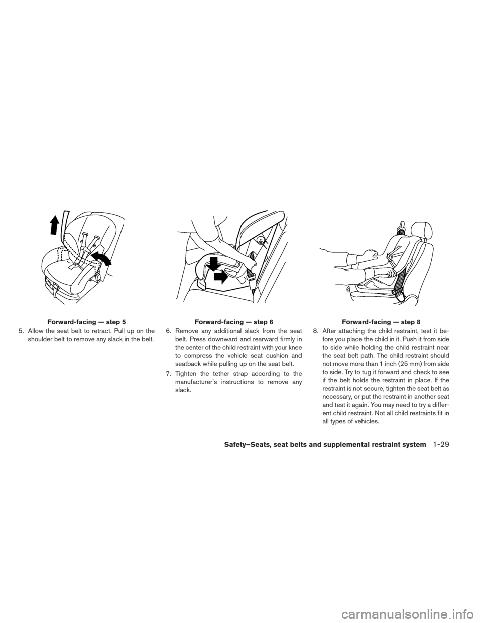 NISSAN LEAF 2013 1.G Owners Manual 5. Allow the seat belt to retract. Pull up on theshoulder belt to remove any slack in the belt. 6. Remove any additional slack from the seat
belt. Press downward and rearward firmly in
the center of t NISSAN LEAF 2013 1.G Owners Manual 5. Allow the seat belt to retract. Pull up on theshoulder belt to remove any slack in the belt. 6. Remove any additional slack from the seat
belt. Press downward and rearward firmly in
the center of t