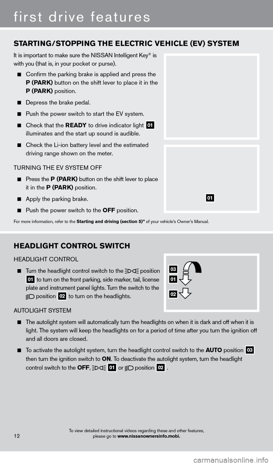 NISSAN LEAF 2013 1.G Quick Reference Guide HeaDLIGHT CONT rOL Sw ITCH
HEADLIGHT CONTROL
Turn the headlight control switch to the
position
01 to turn on the front parking, side marker, tail, license
plate and instrument panel ligh NISSAN LEAF 2013 1.G Quick Reference Guide HeaDLIGHT CONT rOL Sw ITCH
HEADLIGHT CONTROL
Turn the headlight control switch to the
position
01 to turn on the front parking, side marker, tail, license
plate and instrument panel ligh