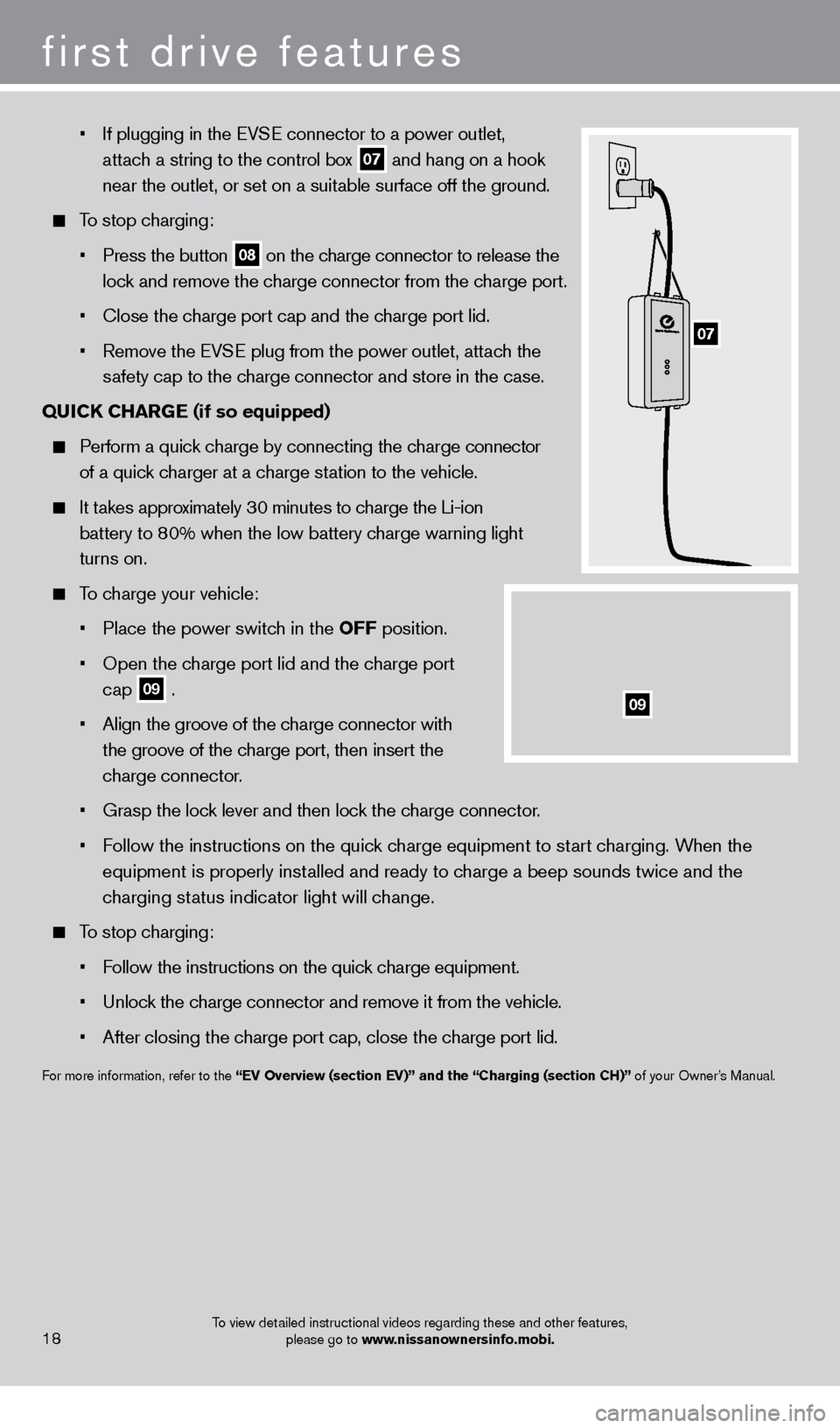 NISSAN LEAF 2013 1.G Quick Reference Guide • If plugging in the EV SE connector to a power outlet,
attach a string to the control box
07 and hang on a hook
near the outlet, or set on a suitable surface off the ground.
To stop NISSAN LEAF 2013 1.G Quick Reference Guide • If plugging in the EV SE connector to a power outlet,
attach a string to the control box
07 and hang on a hook
near the outlet, or set on a suitable surface off the ground.
To stop