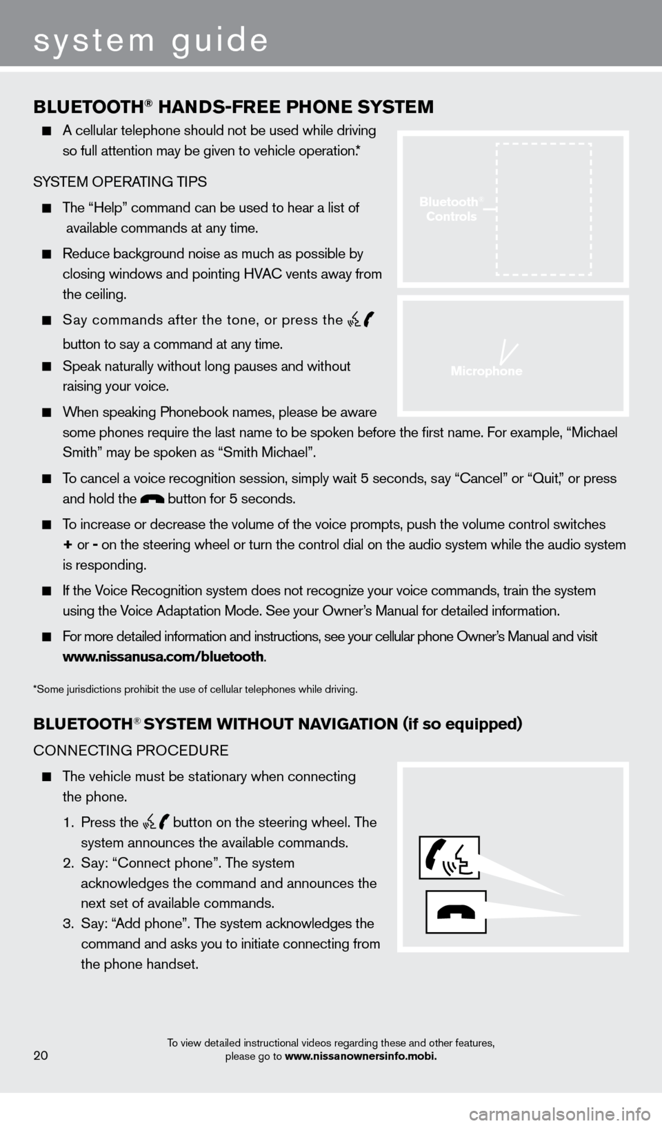 NISSAN LEAF 2013 1.G Quick Reference Guide BLueTOOTH® HaNDS-Free PHONe SYST eM
A cellular telephone should not be used while driving
so full attention may be given to vehicle operation. *
SYSTEM OPERATING TIPS
The “Help” comma NISSAN LEAF 2013 1.G Quick Reference Guide BLueTOOTH® HaNDS-Free PHONe SYST eM
A cellular telephone should not be used while driving
so full attention may be given to vehicle operation. *
SYSTEM OPERATING TIPS
The “Help” comma