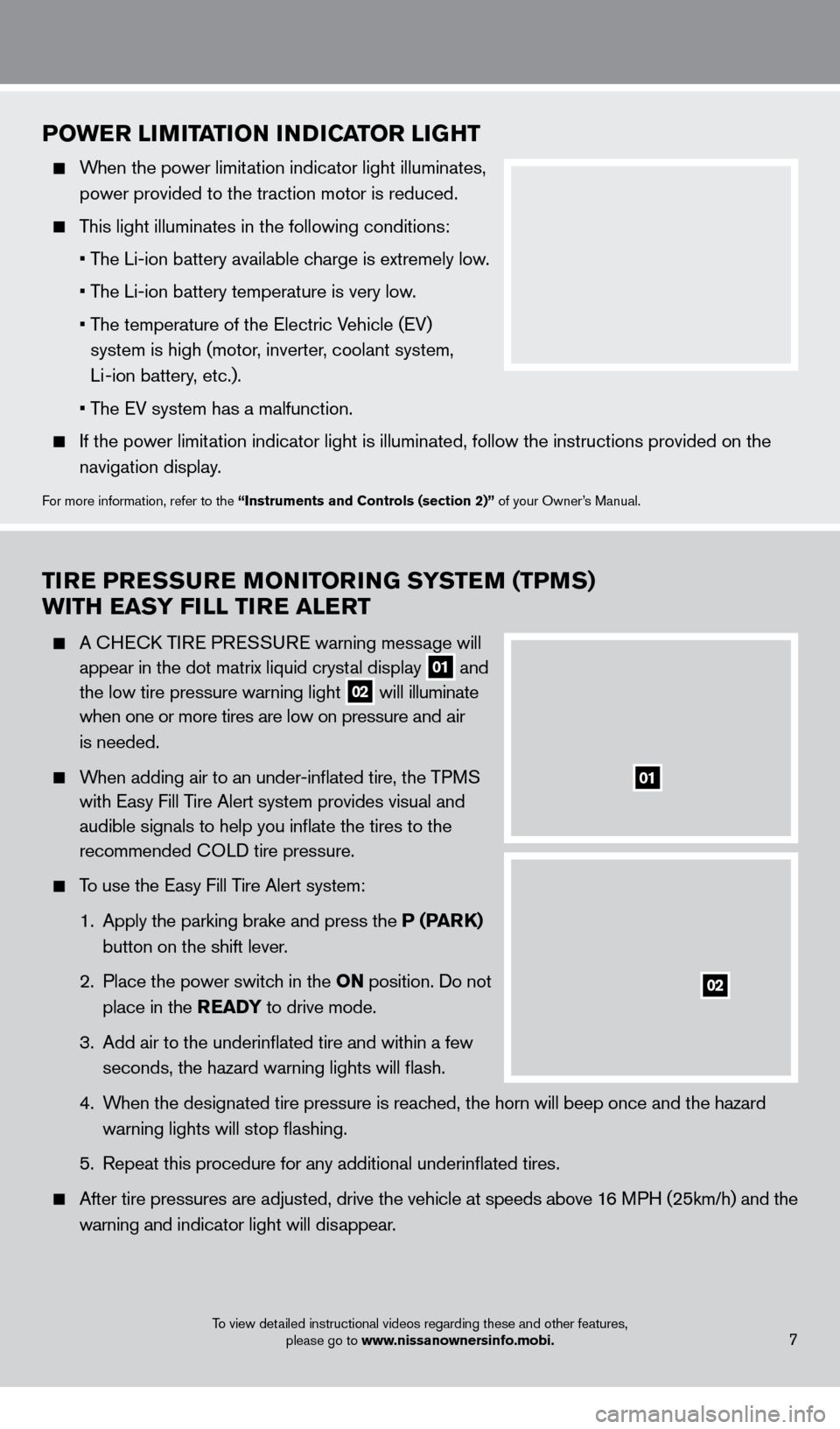 NISSAN LEAF 2013 1.G Quick Reference Guide TIre P reS Su re  MONITO rI NG SYST eM (TPM S)  
w

ITH  ea SY FILL TI
r
 e   a L er T
  A CHECK TIRE PRESSURE warning message will 
 

 
appear in the dot matrix liquid cryst
 al display 
01 and  
 t