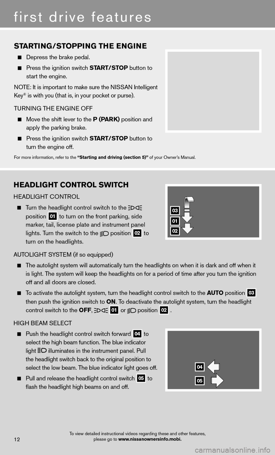 NISSAN MURANO 2013 2.G Quick Reference Guide HEADLIGHT CONTROL SWITCH
HEADLIGHT CONTROL
 
  Turn the headlight control switch to the  
   position
 
01 to turn on the front parking, side 
    marker, tail, license plate and instrument panel 
   