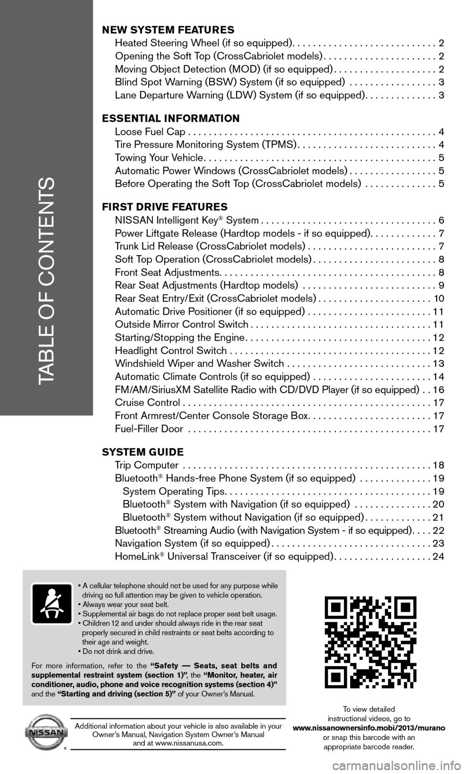 NISSAN MURANO 2013 2.G Quick Reference Guide TABLE OF CONTENTS
y
NEW SYSTEM FEATURES
  Heated Steering Wheel (if so equipped). . . . . . . . . . . . . . . . . . . . . . . . . . . . 2
  Opening the Soft Top (CrossCabriolet models) . . . . . . . .