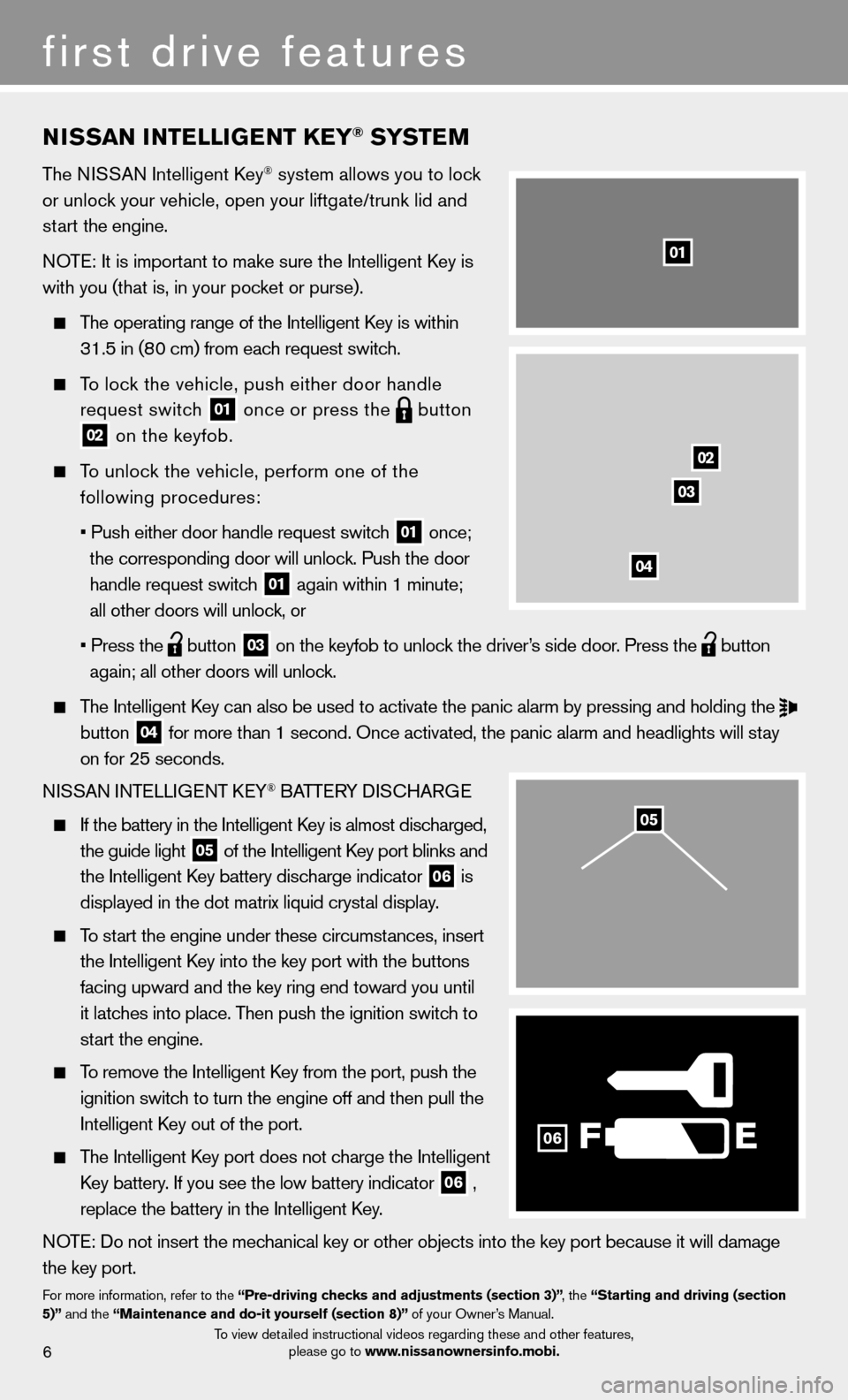 NISSAN MURANO 2013 2.G Quick Reference Guide t
 
 
 
 
 
 
 
 
(
T
t
 
 
 
 
 
 
 
 
(
NISSAN INTELLIGENT KEY® SYSTEM
The NISSAN Intelligent Key® system allows you to lock 
or unlock your vehicle, open your liftgate/trunk lid and 
start the en
