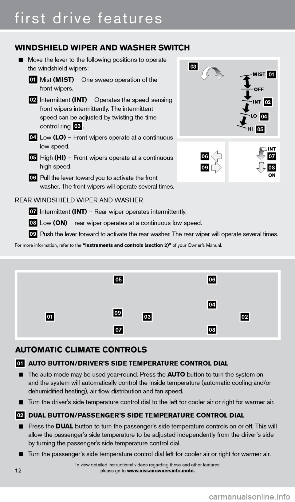 NISSAN PATHFINDER 2013 R52 / 4.G Quick Reference Guide WiNDSHiElD W iPE R AND WASHER SW i TCH
Move the lever to the following positions to operate
the windshield wipers:
01 Mist (MiST) – One sweep operation of the
front wipers.
02 Int NISSAN PATHFINDER 2013 R52 / 4.G Quick Reference Guide WiNDSHiElD W iPE R AND WASHER SW i TCH
Move the lever to the following positions to operate
the windshield wipers:
01 Mist (MiST) – One sweep operation of the
front wipers.
02 Int