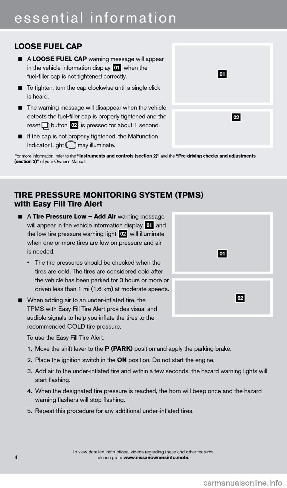 NISSAN PATHFINDER 2013 R52 / 4.G Quick Reference Guide TiRE PRESSURE MoNi To RiN G SYSTEM (TPMS)
with Easy Fill Tire Alert 
    A  Tire Pressure  l ow – Add Air warning message 
will appear in the vehicle information display 
01 and 
the low tire pressu