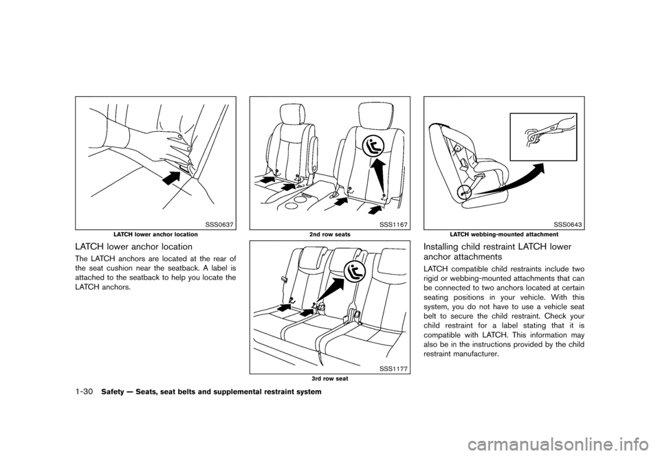NISSAN QUEST 2013 RE52 / 4.G Owners Manual Black plate (46,1)
[ Edit: 2013/ 3/ 26 Model: E52-D ]
1-30Safety — Seats, seat belts and supplemental restraint system
SSS0637
LATCH lower anchor location
LATCH lower anchor locationGUID-4199681A-57