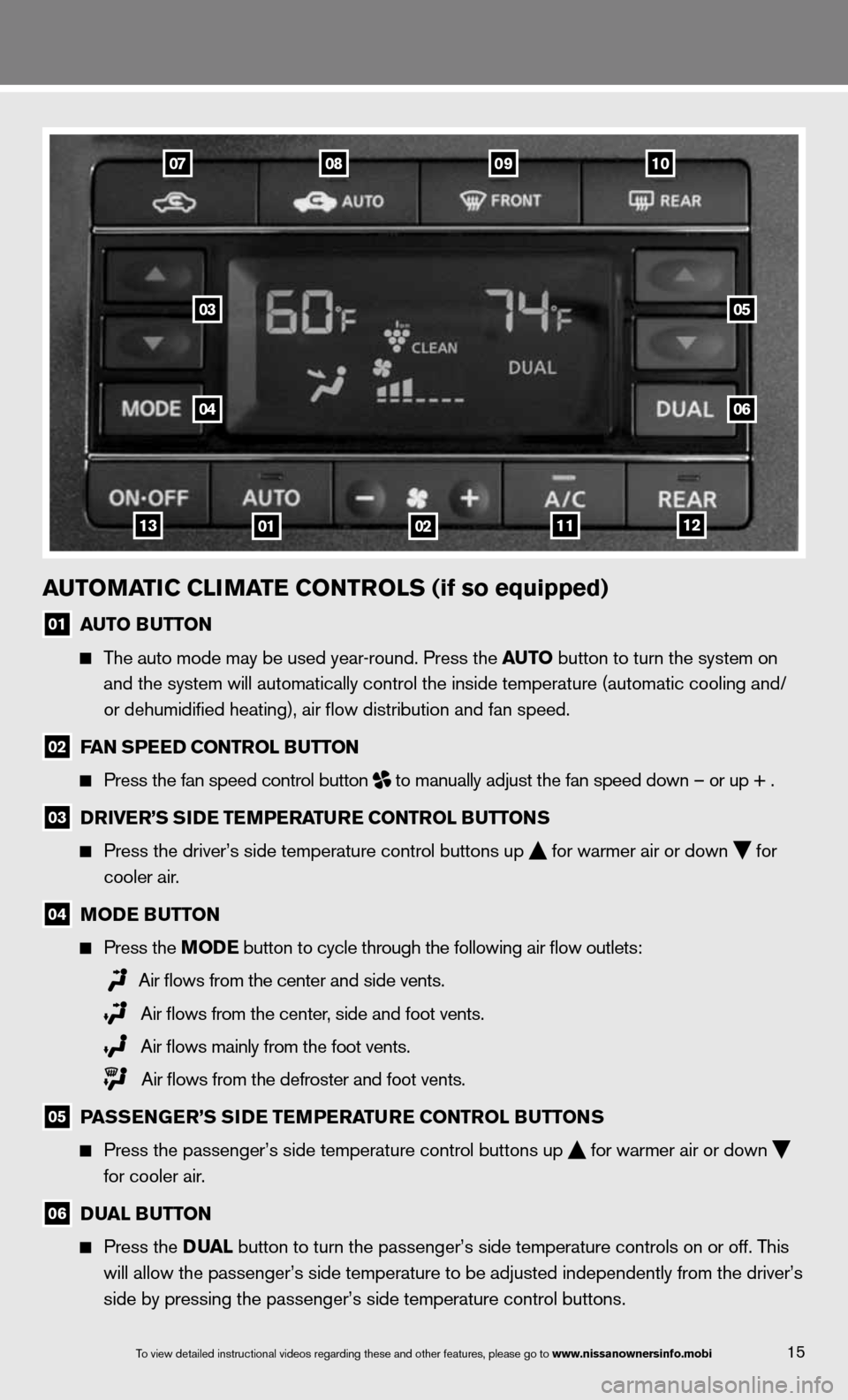 NISSAN QUEST 2013 RE52 / 4.G Quick Reference Guide auTOMaTIC CLIMa Te CONTrOLS (if so equipped)
01 auTO B
uTTON
The auto mode may be used year-round. Press the au TO button to turn the system on
and the system will automatically control NISSAN QUEST 2013 RE52 / 4.G Quick Reference Guide auTOMaTIC CLIMa Te CONTrOLS (if so equipped)
01 auTO B
uTTON
The auto mode may be used year-round. Press the au TO button to turn the system on
and the system will automatically control