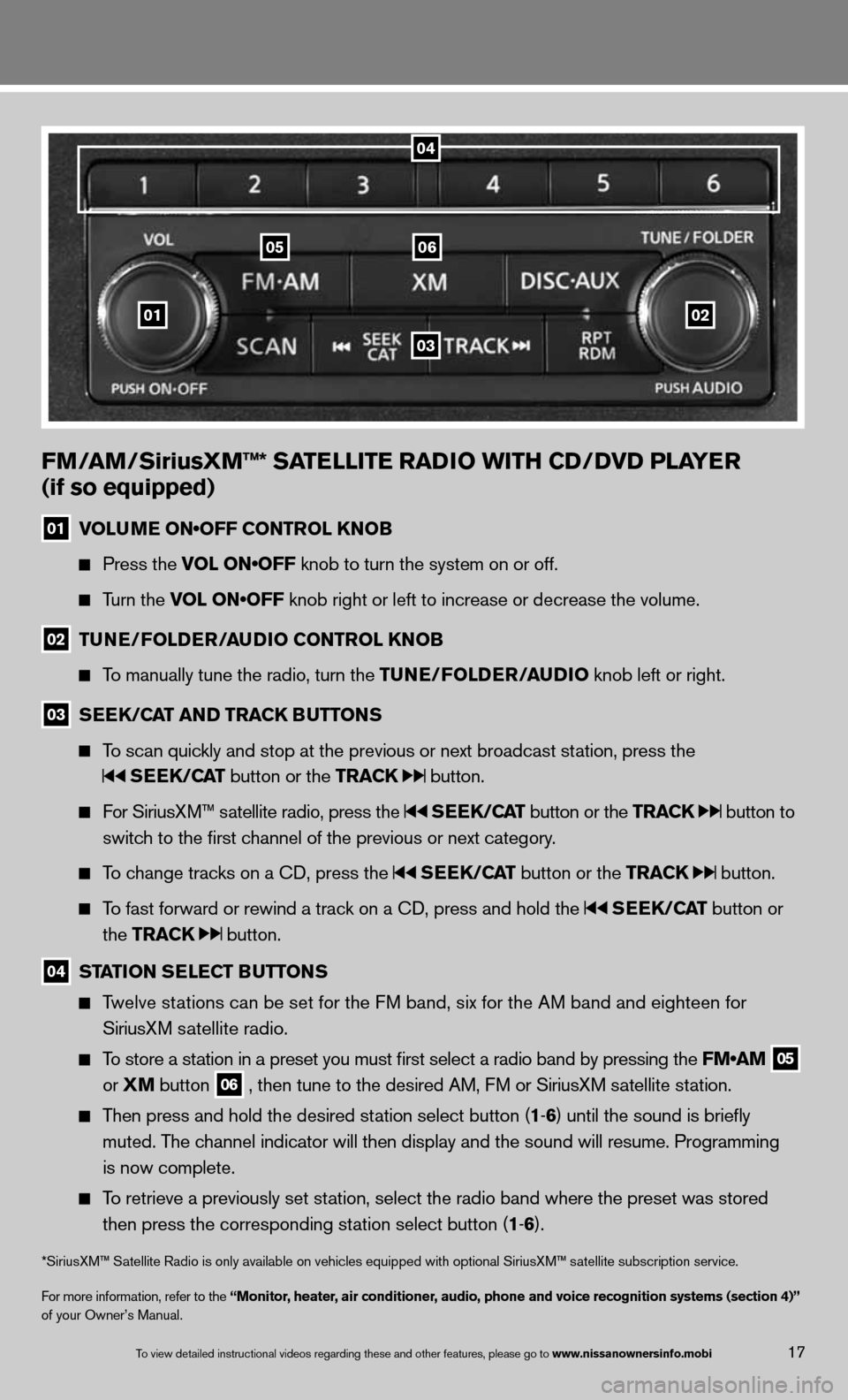 NISSAN QUEST 2013 RE52 / 4.G Quick Reference Guide 01
0605
03
02
FM/aM/SiriusXM™* Sa TeLLITe raDIO wITH CD/DVD PLa Yer
(if so equipped)
01 VOLUME ON•OFF CONTROL KNOB
Press the VOL ON•OFF knob to turn the system on or off.
Turn the V NISSAN QUEST 2013 RE52 / 4.G Quick Reference Guide 01
0605
03
02
FM/aM/SiriusXM™* Sa TeLLITe raDIO wITH CD/DVD PLa Yer
(if so equipped)
01 VOLUME ON•OFF CONTROL KNOB
Press the VOL ON•OFF knob to turn the system on or off.
Turn the V