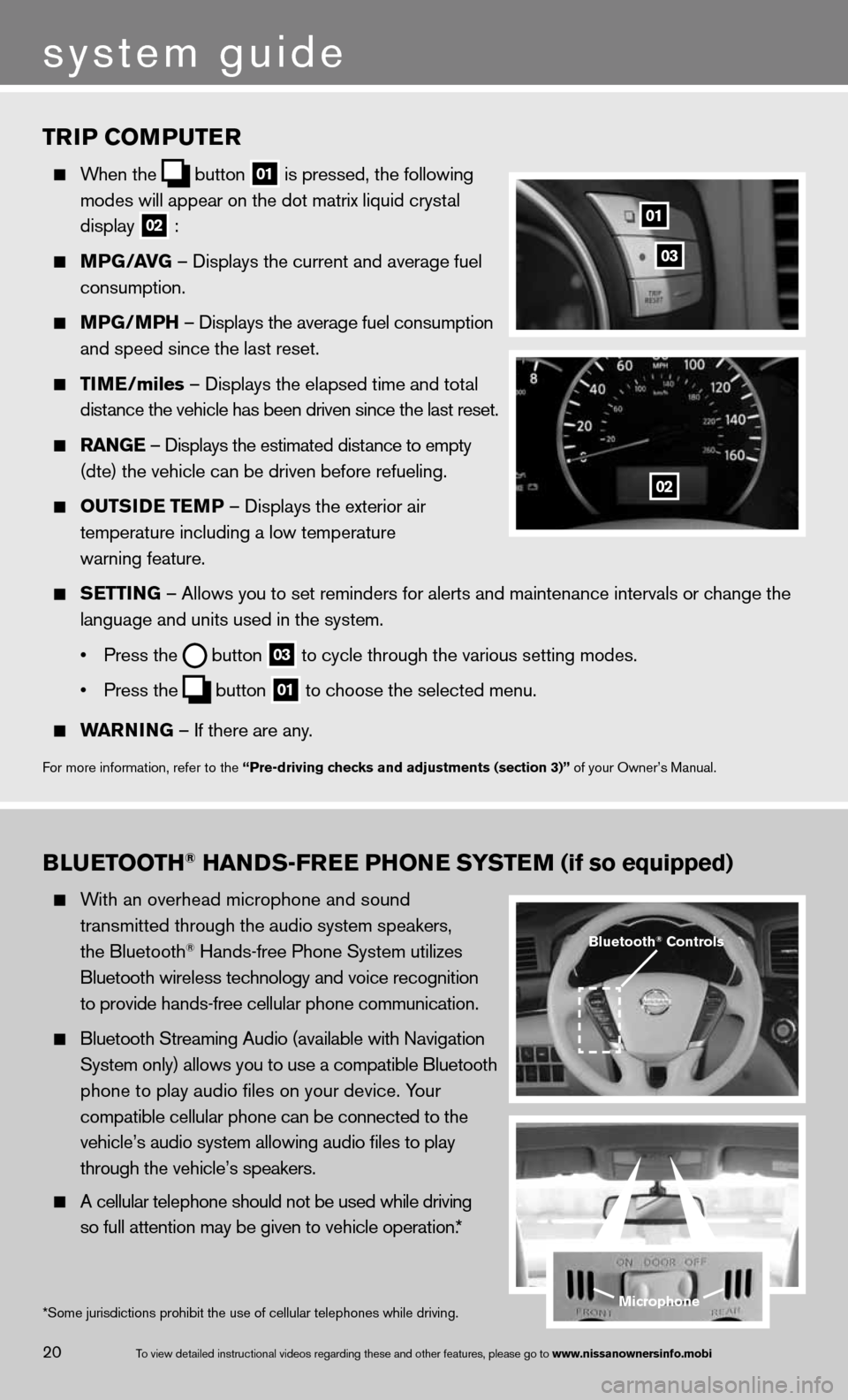 NISSAN QUEST 2013 RE52 / 4.G Quick Reference Guide TrIP COMPuTer
  When the
  button
 01 is pressed, the following   
    modes will appear on the dot matrix liquid crystal 
   display
 
02 :
 
  MPG/ aVG  – displays the current and average fuel 
  