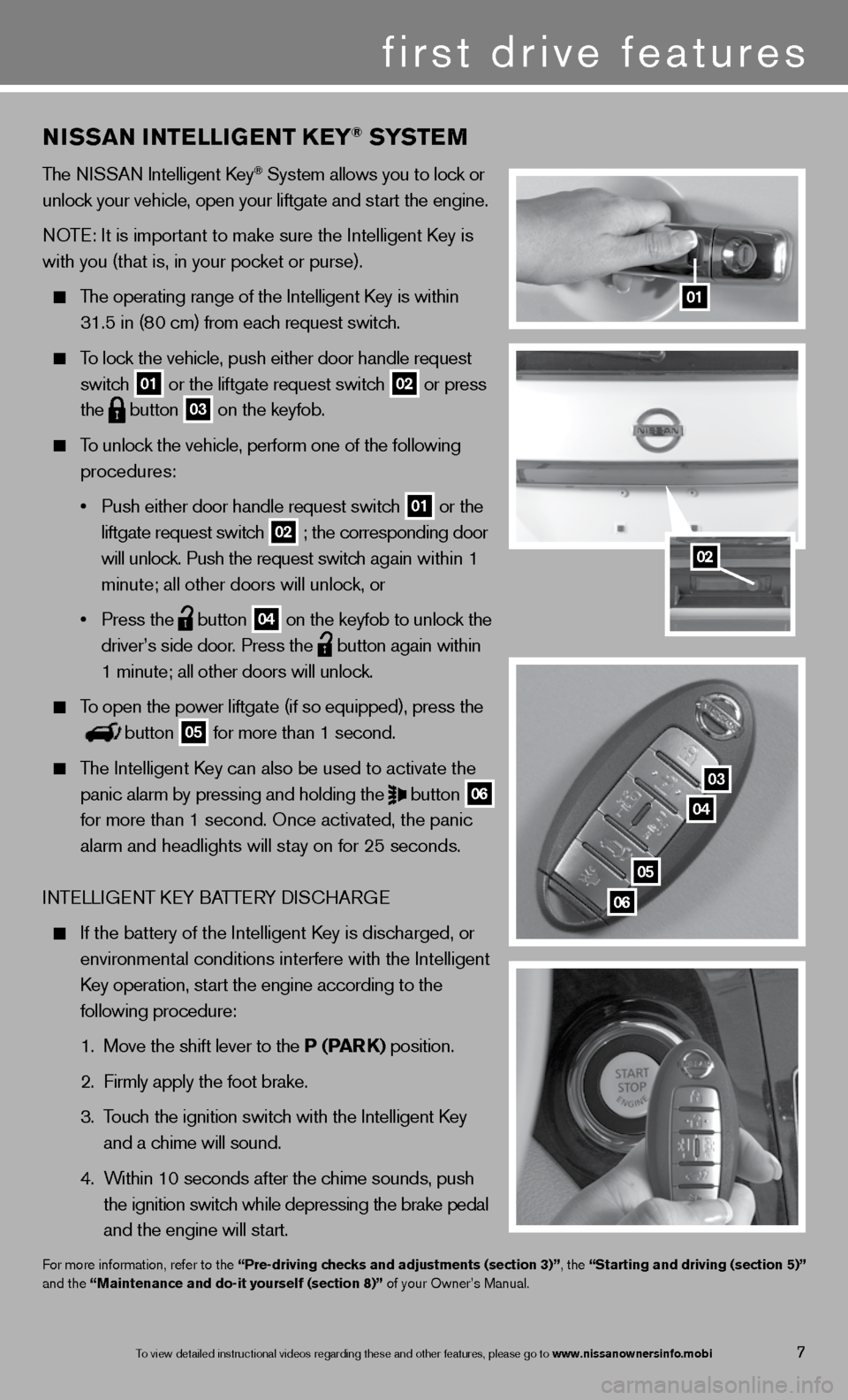 NISSAN QUEST 2013 RE52 / 4.G Quick Reference Guide 01
03
04
05
06
02
NISSaN INTeLLIGeNT K eY® SYST eM
The ni SSAn intelligent k ey® System allows you to lock or
unlock your vehicle, open your liftgate and start the engine.
n OTe: it is important NISSAN QUEST 2013 RE52 / 4.G Quick Reference Guide 01
03
04
05
06
02
NISSaN INTeLLIGeNT K eY® SYST eM
The ni SSAn intelligent k ey® System allows you to lock or
unlock your vehicle, open your liftgate and start the engine.
n OTe: it is important