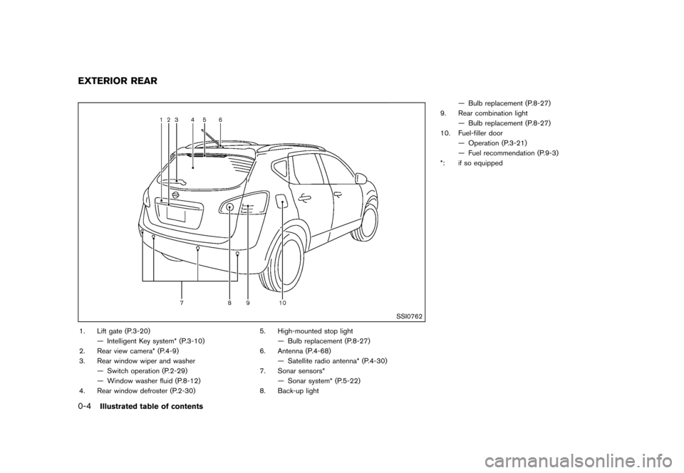 NISSAN ROGUE 2013 2.G Owners Manual Black plate (10,1)
[ Edit: 2012/ 5/ 18 Model: S35-D ]
0-4Illustrated table of contents
S35-D-110201-A327354A-0E76-48C0-B44E-12F48CC4E9C8
SSI0762
1. Lift gate (P.3-20)— Intelligent Key system* (P.3-1