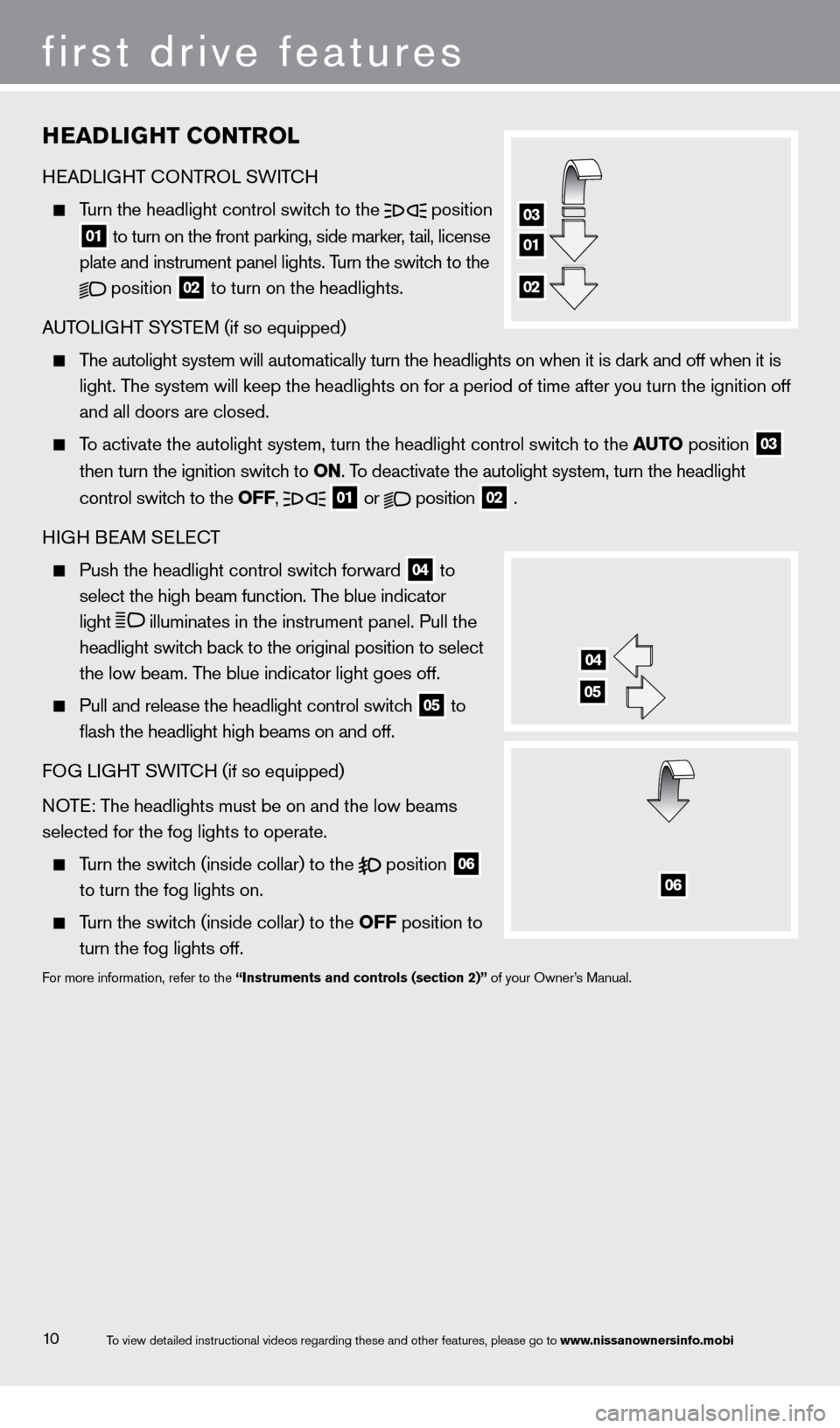 NISSAN ROGUE 2013 2.G Quick Reference Guide HeaDliGHT C o NT rol
HEADLIGHT
c
O
NTROL SWIT
cH
Turn the headlight control switch to the
position
01 to turn on the front parking, side marker, tail, license
plate and instrument pane NISSAN ROGUE 2013 2.G Quick Reference Guide HeaDliGHT C o NT rol
HEADLIGHT
c
O
NTROL SWIT
cH
Turn the headlight control switch to the
position
01 to turn on the front parking, side marker, tail, license
plate and instrument pane