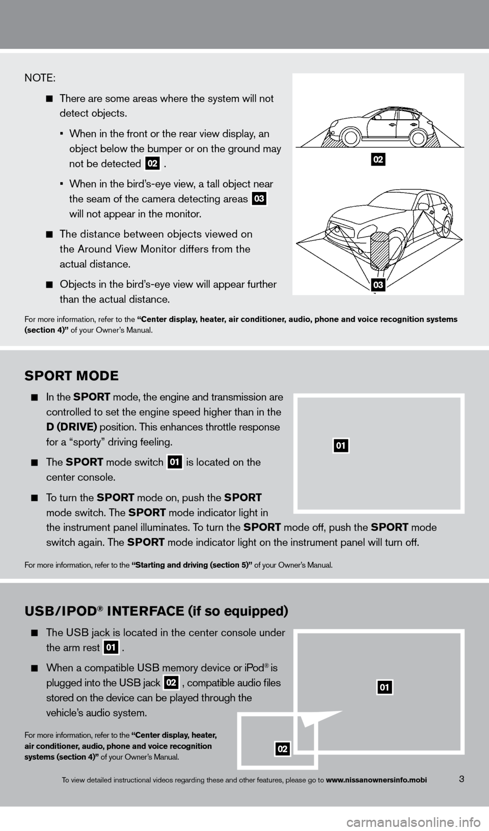 NISSAN ROGUE 2013 2.G Quick Reference Guide SPorT Mo De
In the SPor T mode, the engine and transmission are
controlled to set the engine speed higher than in the
D (Dr
ive ) position. This enhances throttle response
for a NISSAN ROGUE 2013 2.G Quick Reference Guide SPorT Mo De
In the SPor T mode, the engine and transmission are
controlled to set the engine speed higher than in the
D (Dr
ive ) position. This enhances throttle response
for a