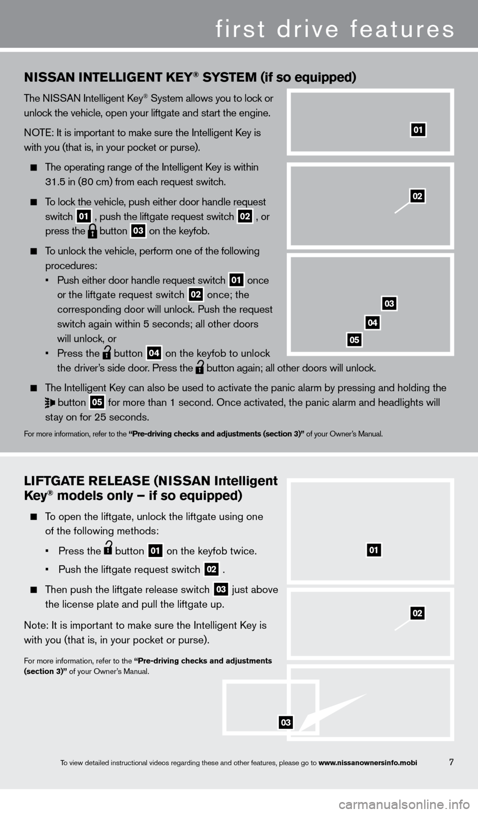 NISSAN ROGUE 2013 2.G Quick Reference Guide liFTGaT e   relea Se  (NiS S a N  i ntelligent 
Key® models only – if so equipped)
  To open the liftgate, unlock the liftgate using one 
 

 
of the following methods:
 

 
• 
  
Press the  butt